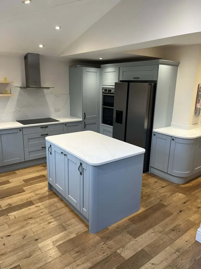 Pale blue shaker kitchen with island in Bishops Waltham SO32, Hampshire before respraying