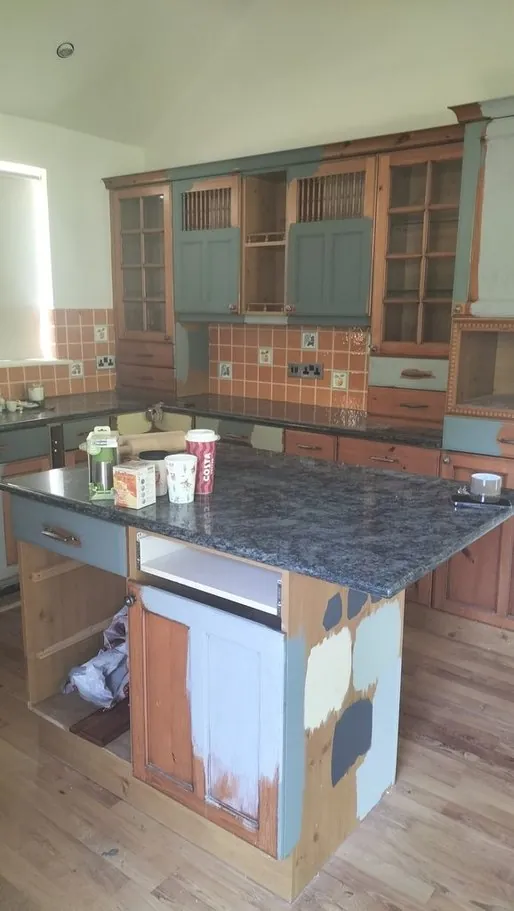 Pine kitchen with colour samples in Botley SO30, Hampshire before respraying