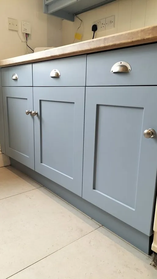 Kitchen in Fair Oak SO50, Hampshire resprayed pale blue-grey by Kitchen Decorators