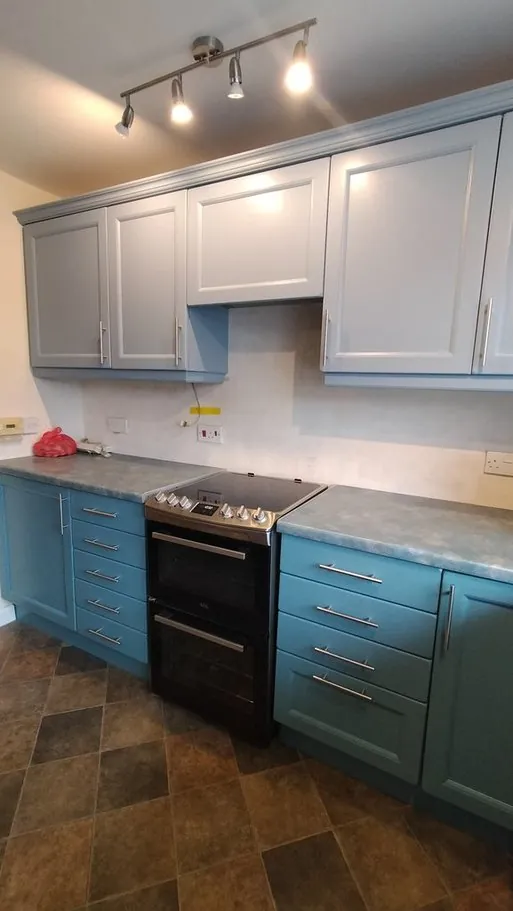 Kitchen in Ringwood BH24, Hampshire resprayed blue-grey and teal by Kitchen Decorators