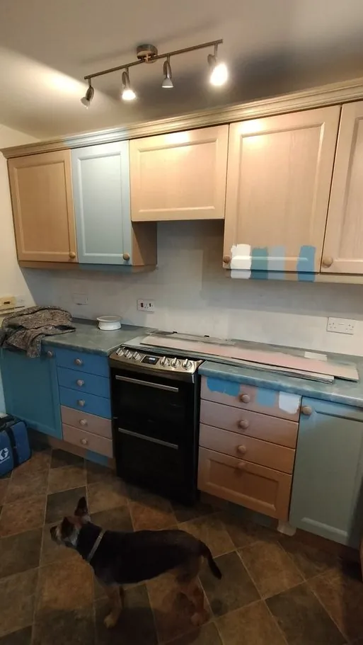 Light oak kitchen with colour samples in Ringwood BH24, Hampshire before respraying