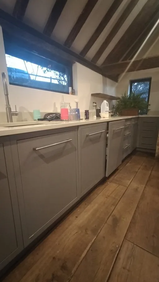 Grey kitchen in a beamed room in Waterlooville PO7, Hampshire before respraying