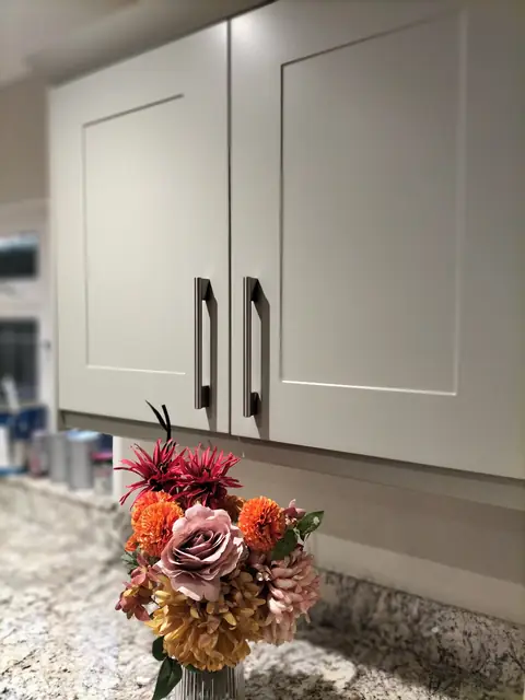 Pale grey shaker doors with bar handles