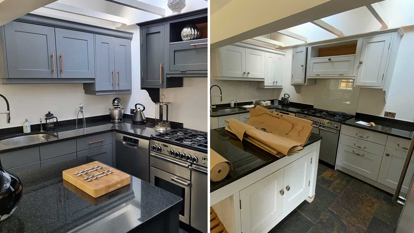 Kitchen Respray Winchester, Hampshire SO21 Farrow & Ball Jewls 3 & Off Black Respraying Cabinet Painting painters resprayers